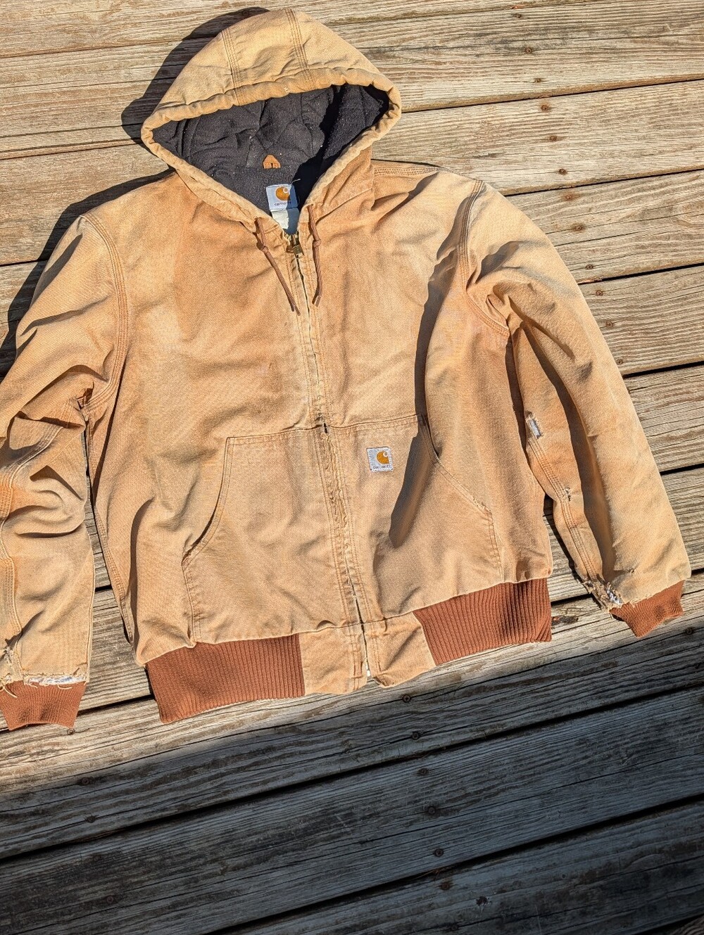 Vintage Y2K Carhartt J140 BRN Jacket Duck Hooded Lined WorkWear Thrashed USA Vtg - Picture 2 of 6